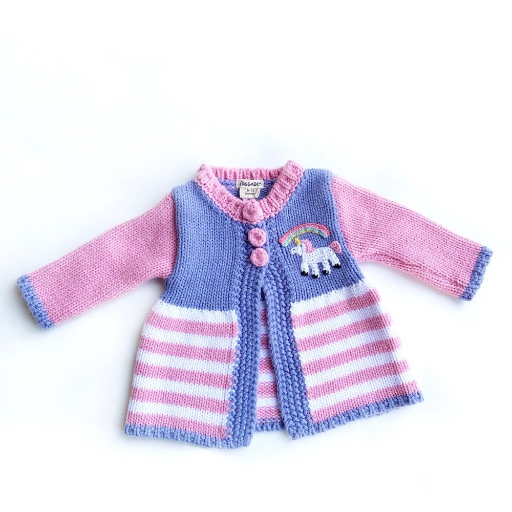 NWT Huggalugs Baby Soft Hand Knit Cardigan Sweater | Unicorn | Striped | 6-12M